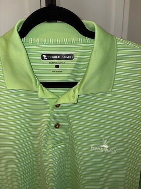 Pebble Beach Green & White Striped Performance Polo Shirt Embroidered Large Golf